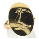 18ct gold signet ring with hand and sword engraving, size O, 3.8g. P&P Group 1 (£14+VAT for the