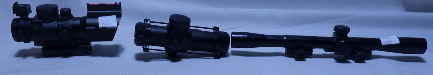 Three air rifle scopes, two magnified and a red dot. P&P Group 2 (£18+VAT for the first lot and £3+