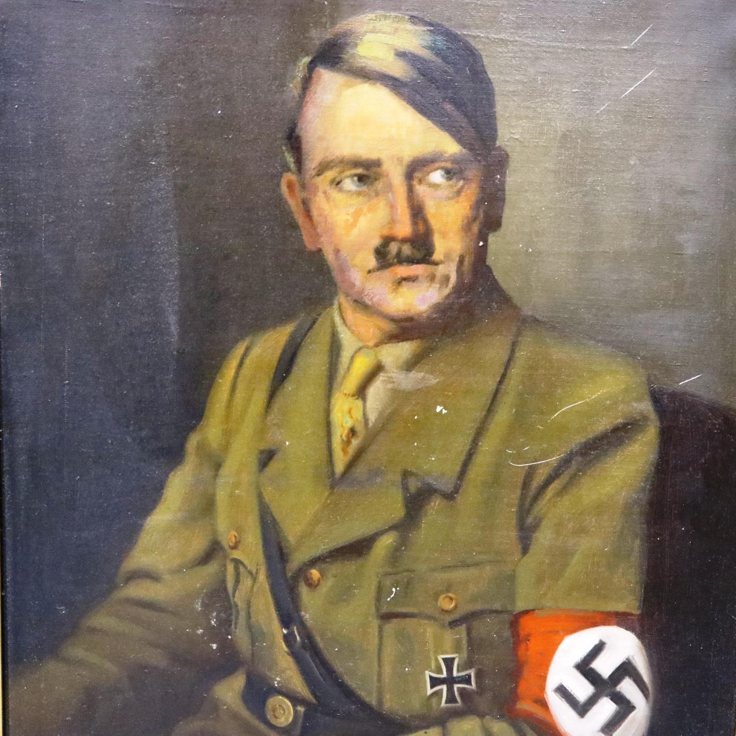 An unattributed WWII period oil on canvas portrait, Adolf Hitler, overall 68 x 90 cm. Not