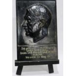 Third Reich cast metal Hitler plaque, translated I believe in Germany and Fight for Her Today and