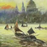 CJ Pye (early 20th century): acrylic on canvas, boats on the Thames, dated 1985, 44 x 33 cm. Not