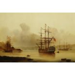 Les Jason Spence (B. 1934): oil on canvas, galleon anchored in a bay, 120 x 88 cm. Not available for