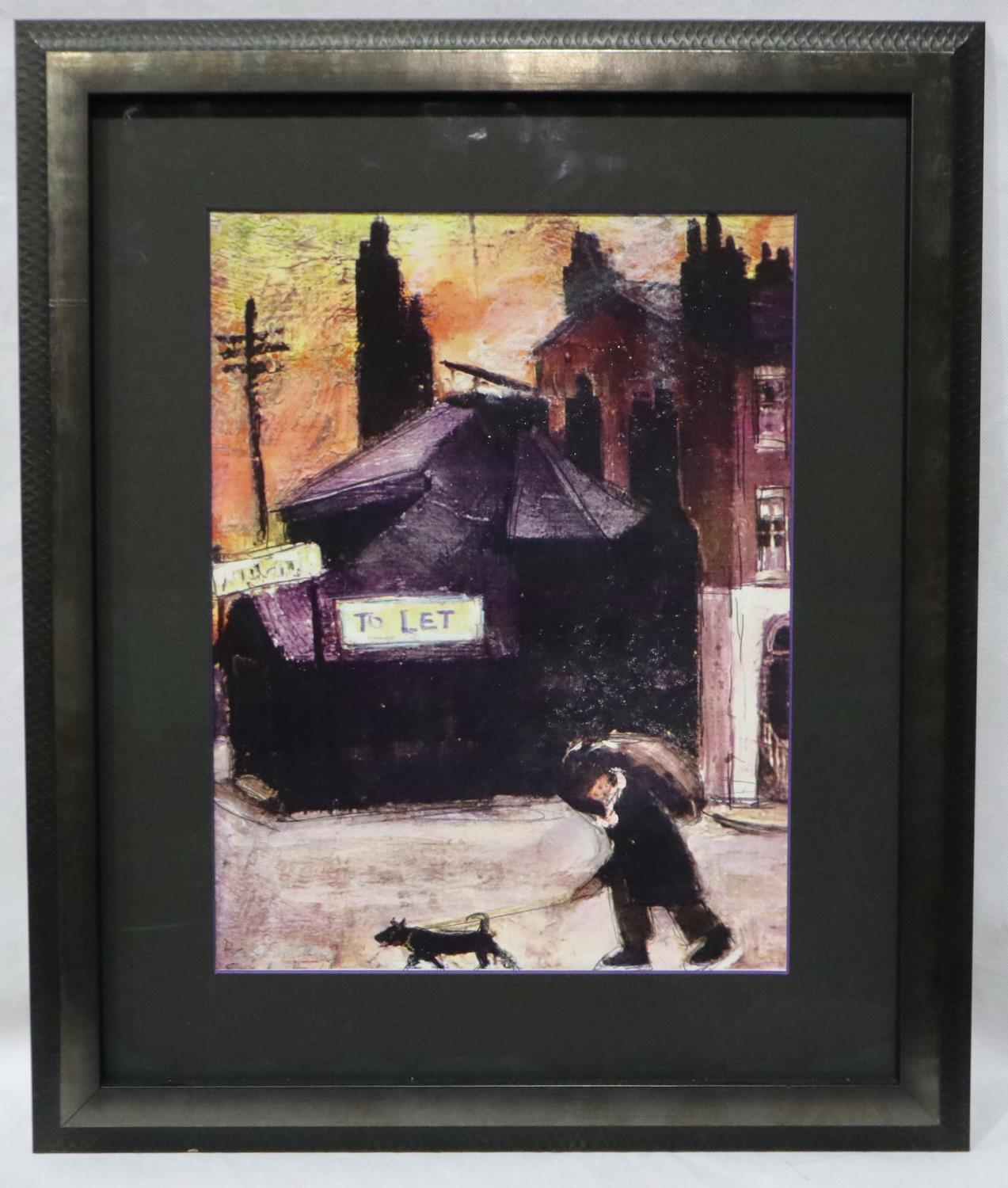 Harold Riley (b 1934): hand finished print, man walking his dog, 37 x 27 cm, unsigned. Not available - Image 2 of 4