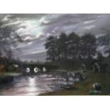 J Wilson-Hepburn (20th century): oil on canvas, Moonlit Riverbank with Boats, 90 x 60 cm. Not