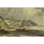 Unattributed watercolour of beached sailing vessel at Whitby, 24 x 19 cm, unsigned. Not available