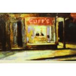 Harold Riley (B. 1934): hand finished and signed artists proof print, The Corner Shop, 28 x 20 cm.