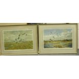 Hugh Monahan (Irish, 1914-1970): a pair of prints, estuary scenes with wild birds in flight, each 61
