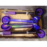 Two new collapsible blue and purple scooters with LED light wheels and under glow. Not available for