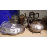 Three piece silver plated tea set and a further similar hot water jug (5). Not available for in-