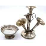 Silver plated epergne, H: 26 cm, and a swing handled basket, D: 14 cm. P&P Group 2 (£18+VAT for