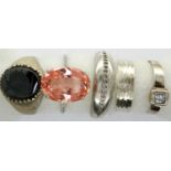 Five 925 silver rings including stone set examples, sizes L-T. P&P Group 1 (£14+VAT for the first