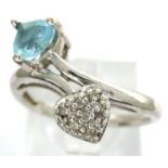 9ct white gold ring set with heart shaped blue topaz and diamonds, size N, 2.9g. P&P Group 1 (£14+