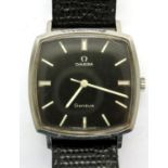 Omega: manual wind, square black dial gents wristwatch on a leather strap, not working at lotting.