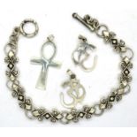 925 silver bracelet and three mixed pendants including an Ankh. P&P Group 1 (£14+VAT for the first