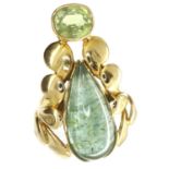 Handmade 14ct gold, green cabochon and peridot ring, size N/O, 12.1g. P&P Group 1 (£14+VAT for the