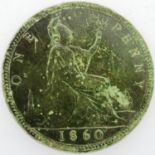 1860 penny of Queen Victoria. P&P Group 0 (£5+VAT for the first lot and £1+VAT for subsequent lots)