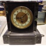 Victorian slate and marble mantle clock with key and pendulum, H: 23 cm. Not available for in-