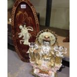 Oriental wall plaque with faux mother of pearl inlay and a ceramic deity figurine, H: 40 cm. Not