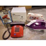 Mixed household electrical items including iron and hairdryer. Not available for in-house P&P