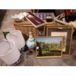 Basket of mixed collectables including lamps, pictures etc. Not available for in-house P&P