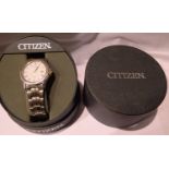 Citizen: WR50 wristwatch on a stainless steel bracelet, boxed, not working at lotting. P&P Group