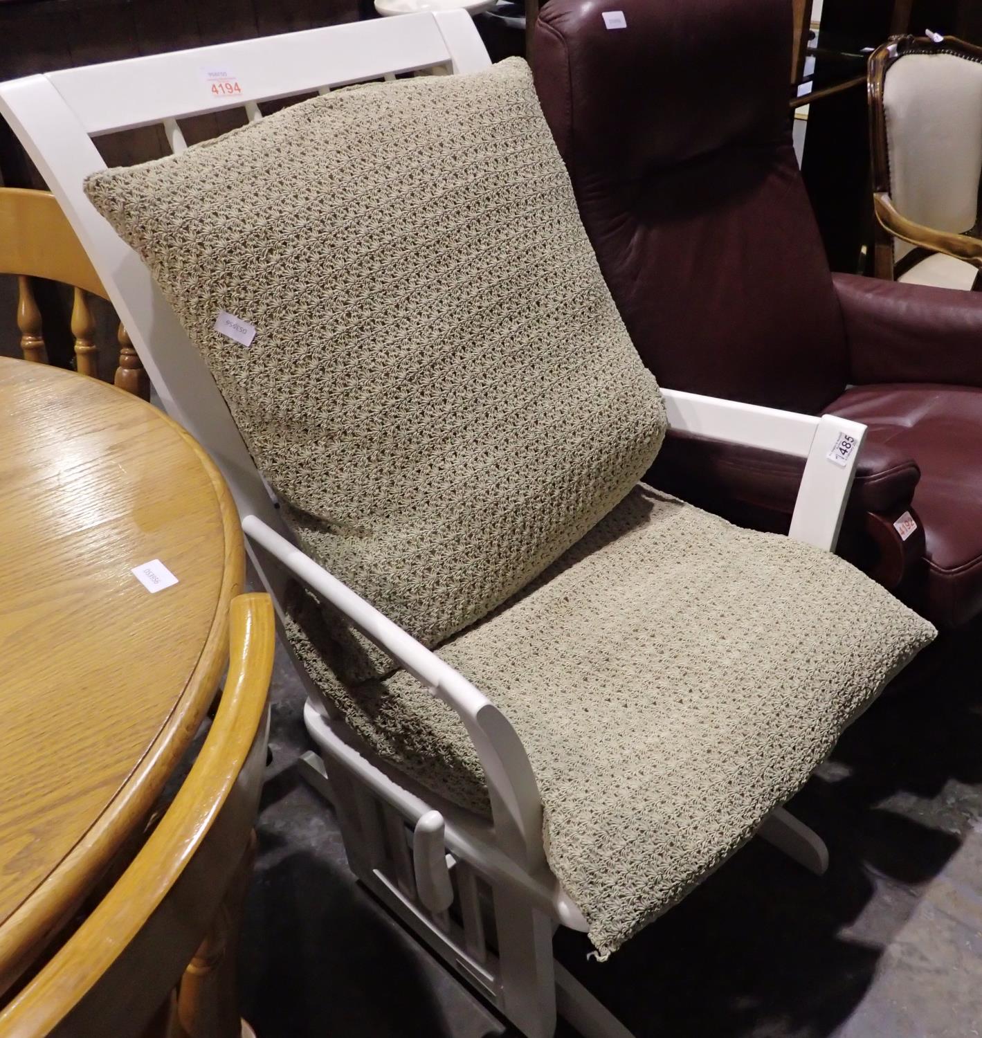 Painted white wooden rocking chair with seat and back cushions. Not available for in-house P&P