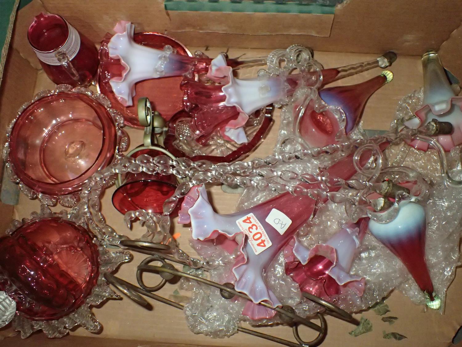 Mixed cranberry glass including an Epergne, not complete. Not available for in-house P&P