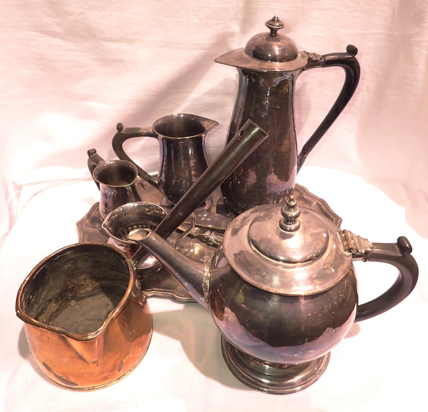 Pewter tea set and other metalware. Not available for in-house P&P