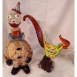 Murano glass clown and cockerel, largest H: 33 cm, slight damage to clowns foot, otherwise good. Not