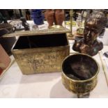 Mixed metalware including a brass coal box, footed planer, bronze effect bust etc. Not available for