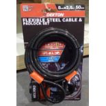 New and unused 8 mm x 2.5 m flexible steel cable and 50 mm padlock (2). P&P Group 1 (£14+VAT for the