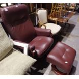 Burgundy leather reclining chair with matching footstool. Not available for in-house P&P