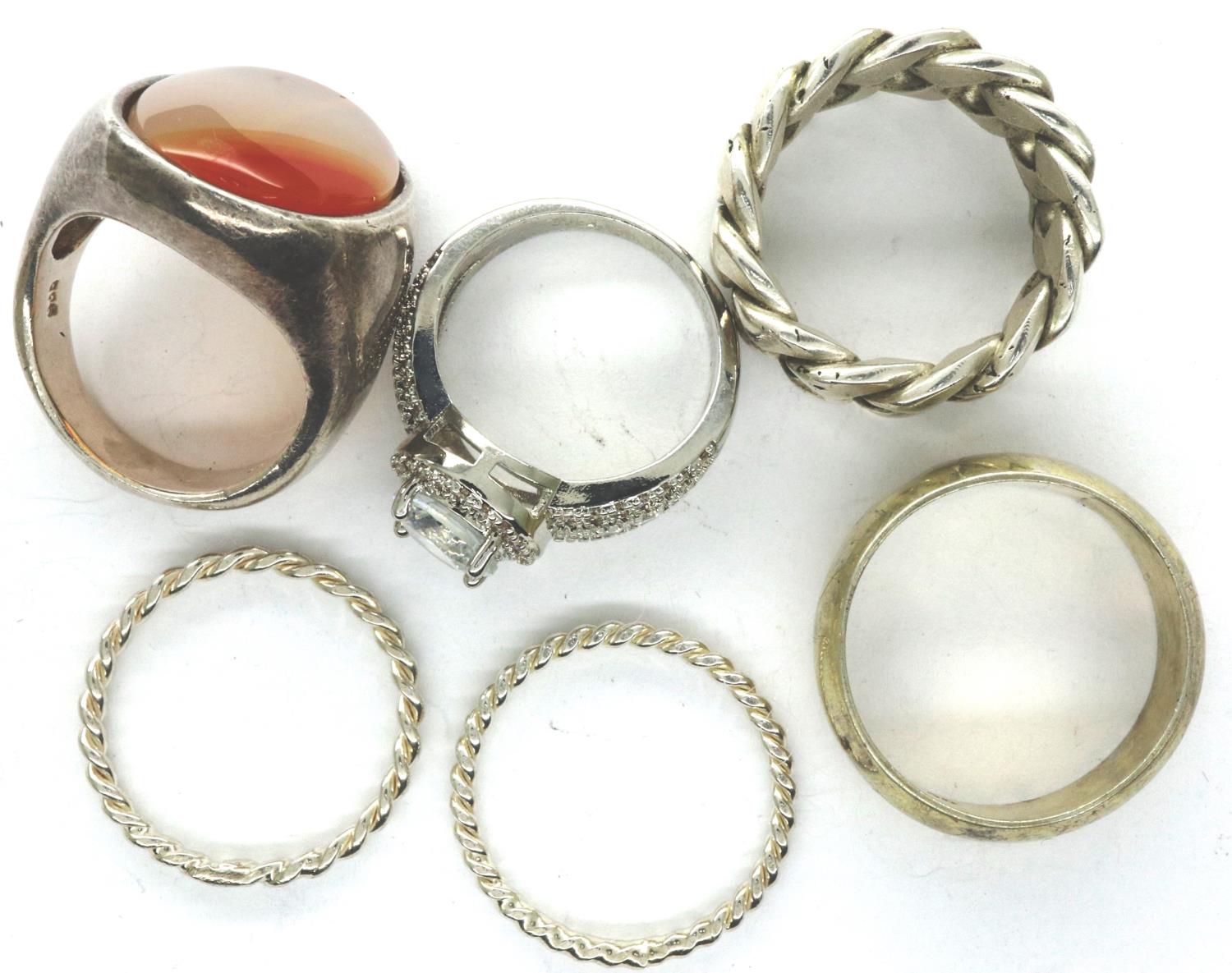 Six mixed 925 silver rings, mixed sizes, one set with a large panel of agate. P&P Group 1 (£14+VAT - Image 2 of 3