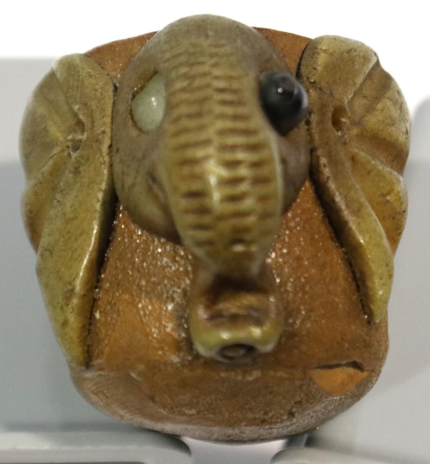 19th century Oriental terracotta pipe, the bowl surfixed with an elephant mask and stone set, L: - Image 3 of 4