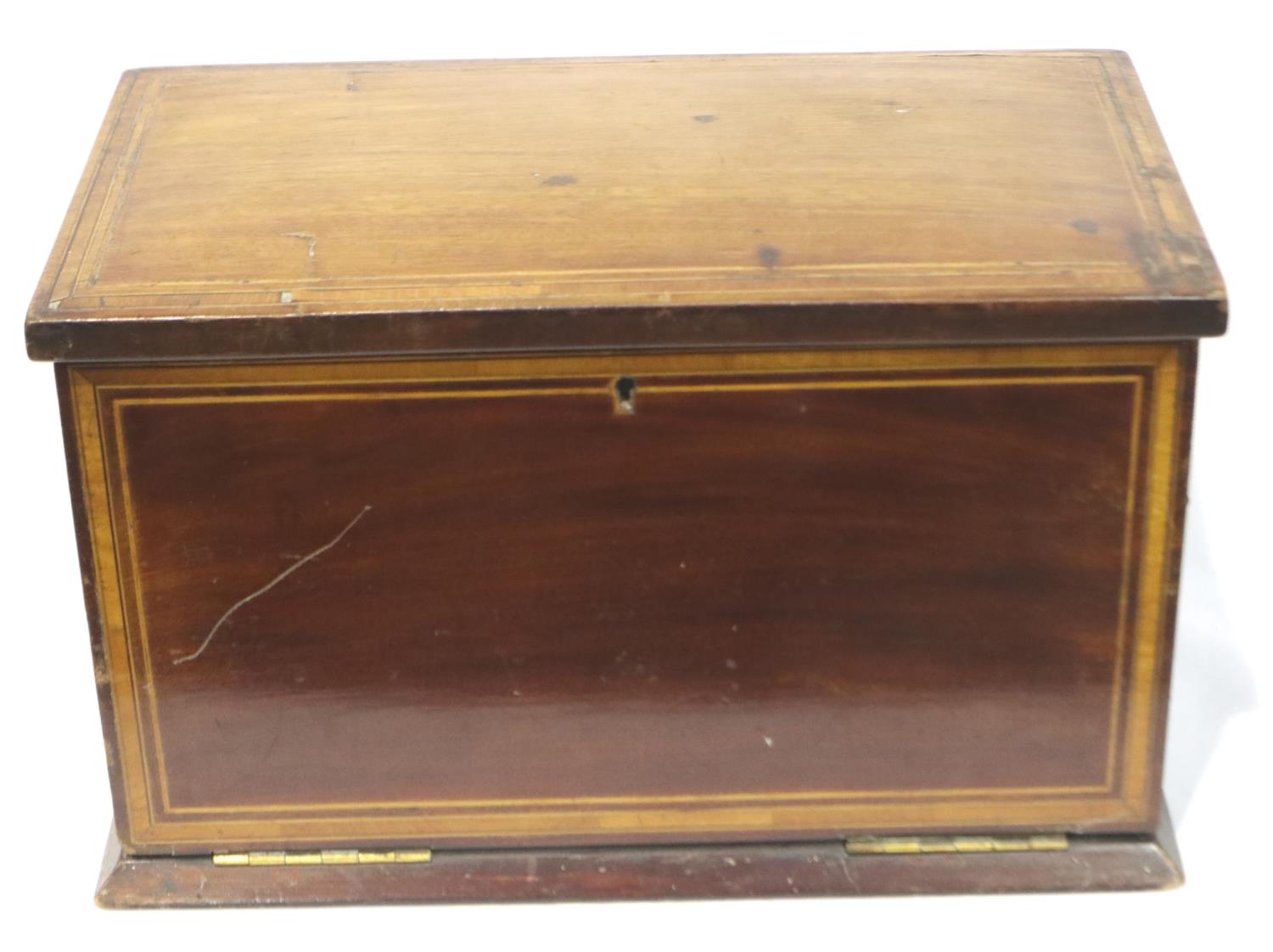 19th century inlaid walnut stationery/writing box, H: 27 cm, writing surface is excellent condition, - Image 2 of 2