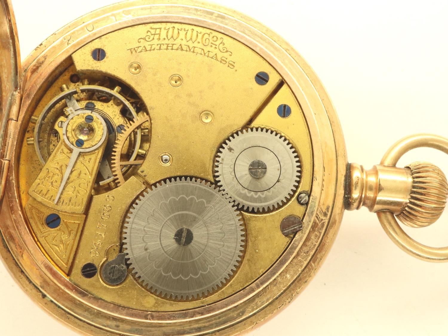 Waltham: A gold plated crown wind full hunter pocket watch, ticks for 10 seconds, then stops. P&P - Image 2 of 3