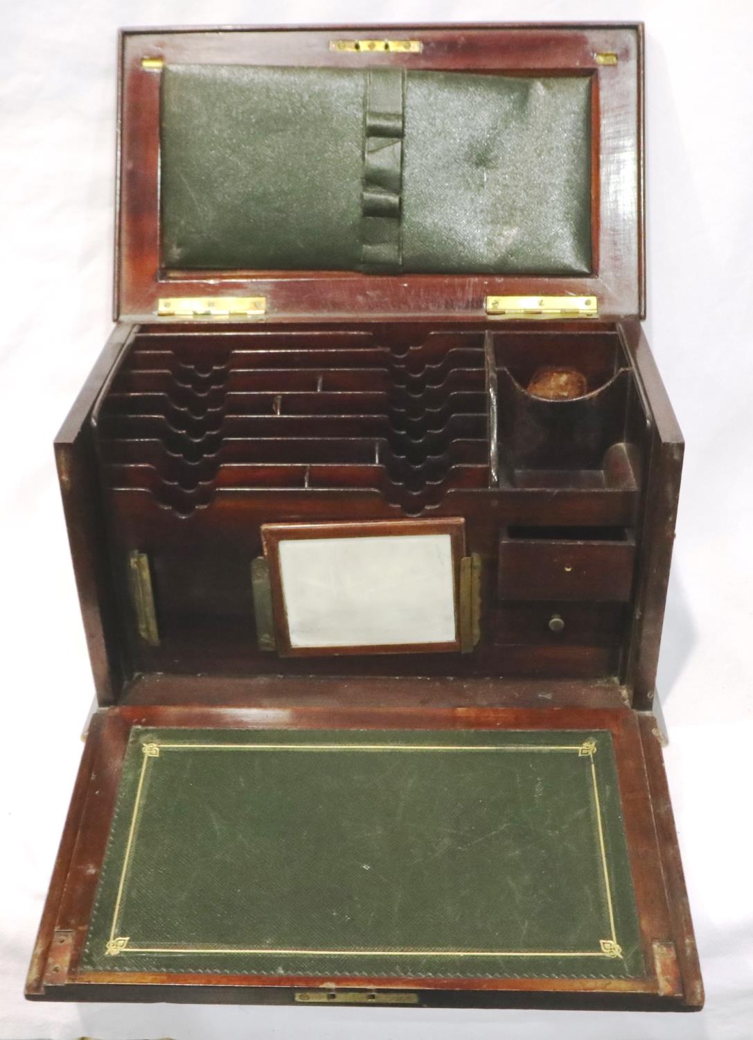 19th century inlaid walnut stationery/writing box, H: 27 cm, writing surface is excellent condition,