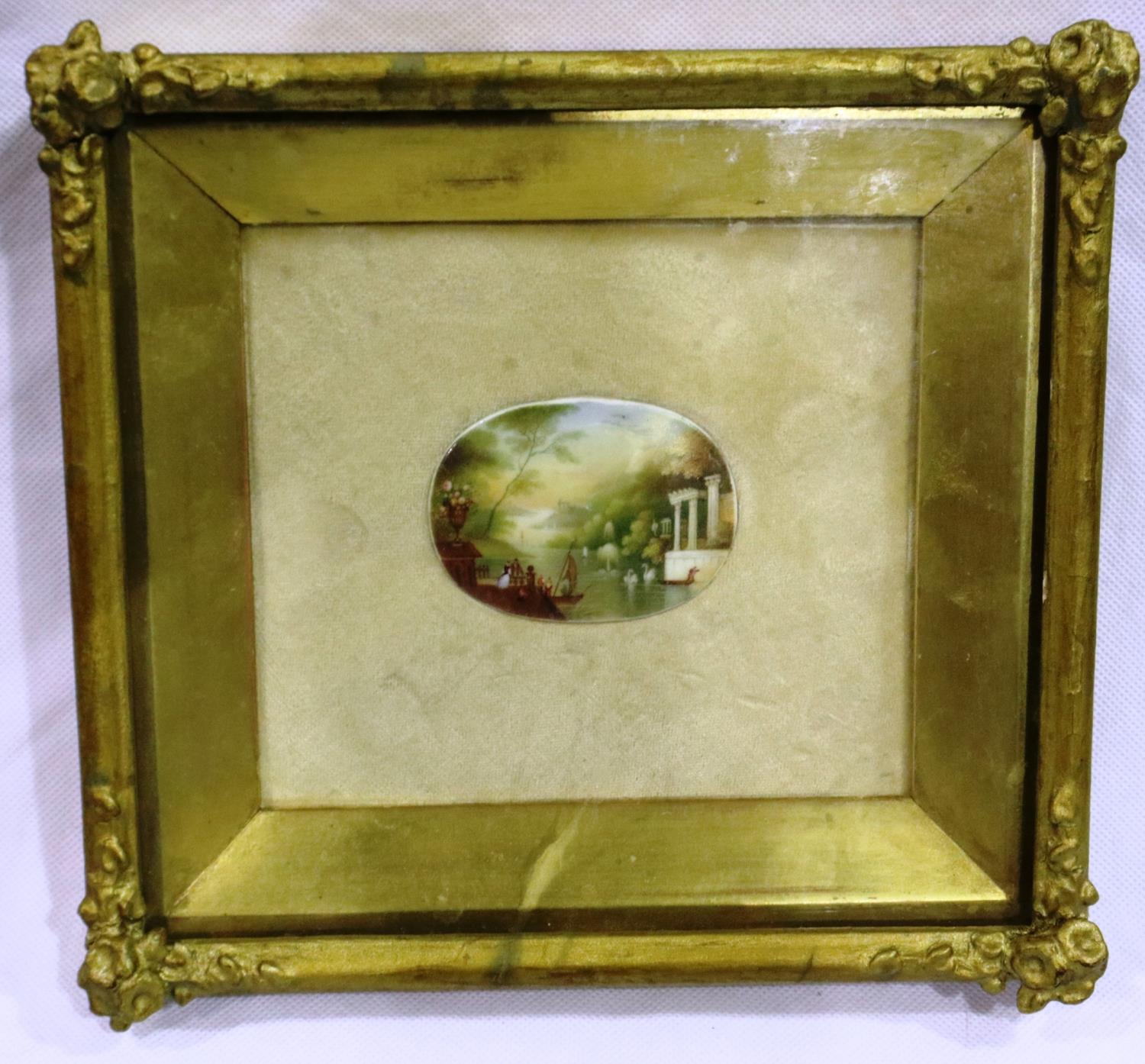 A 19th century miniature ceramic plaque, painted with a scene of Romanesque columns beside a - Image 2 of 3