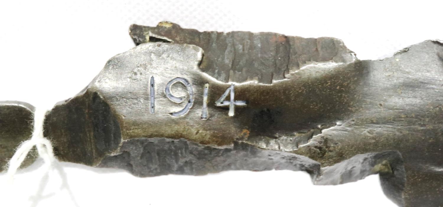 WWI German Trench Art letter knife, dated 1914 made from shell shrapnel, L: 16 cm. P&P Group 1 (£ - Image 2 of 3