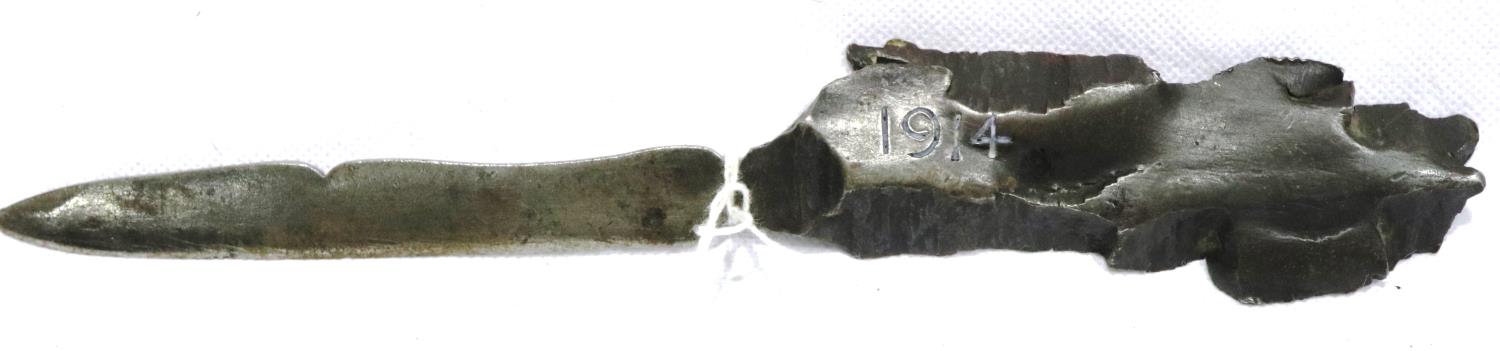WWI German Trench Art letter knife, dated 1914 made from shell shrapnel, L: 16 cm. P&P Group 1 (£