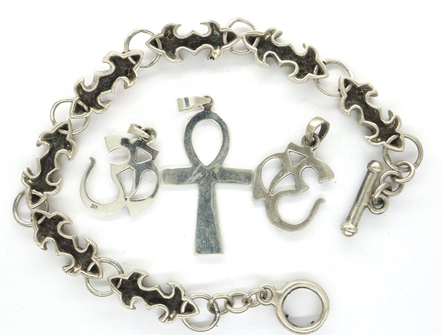 925 silver bracelet and three mixed pendants including an Ankh. P&P Group 1 (£14+VAT for the first - Image 2 of 3