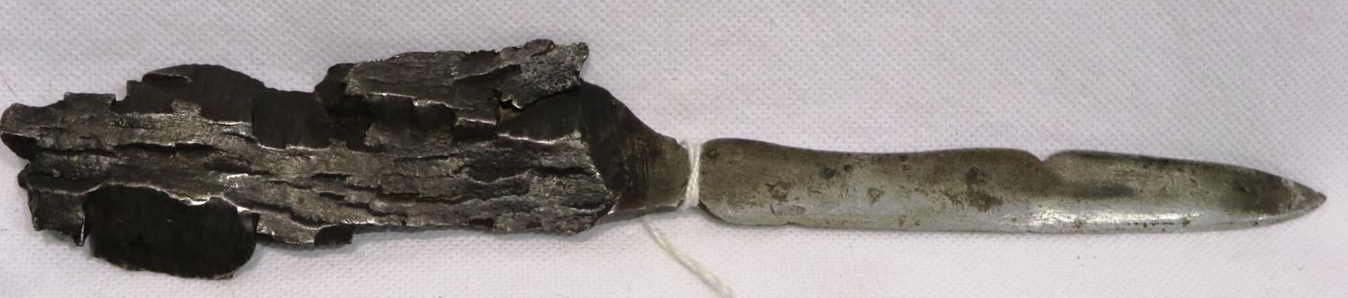 WWI German Trench Art letter knife, dated 1914 made from shell shrapnel, L: 16 cm. P&P Group 1 (£ - Image 3 of 3