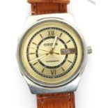 CITIZEN: gents automatic wristwatch, with circular metallic gold dial, date apertures and brown