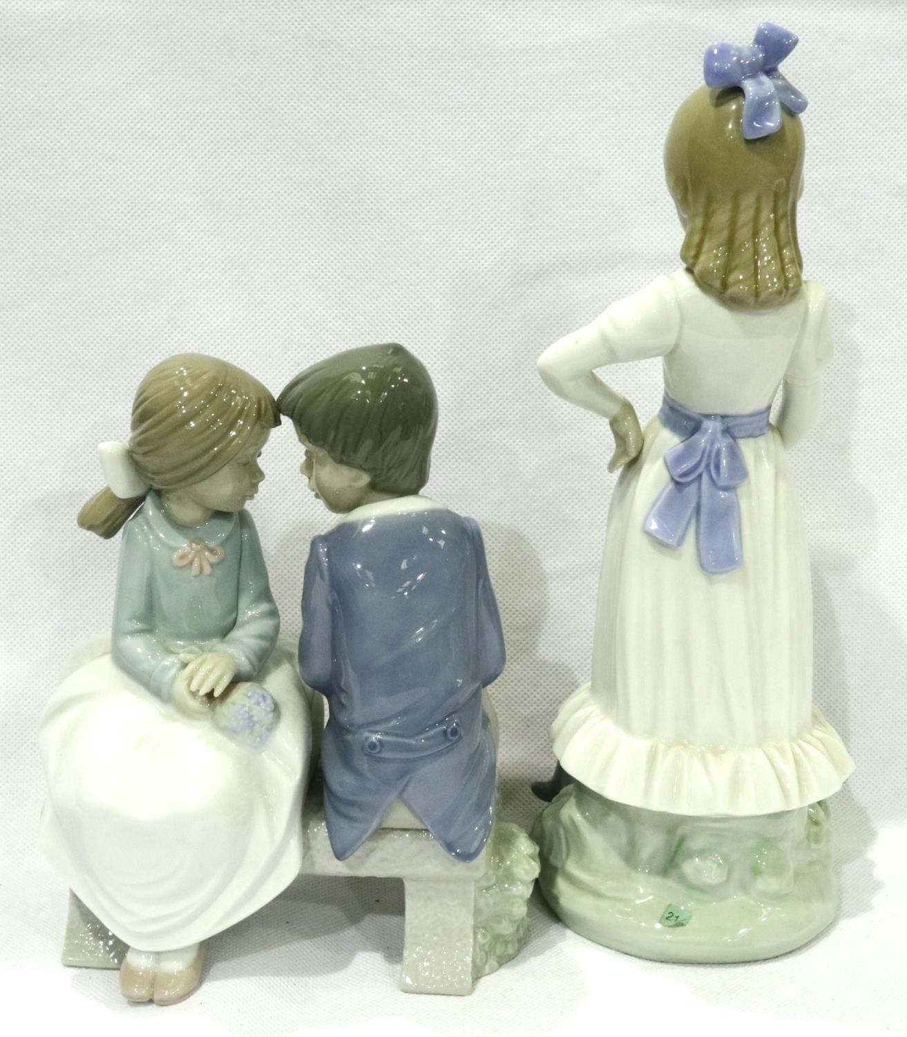 Two Nao figurines, courting couple, and a girl with dog, largest H: 24 cm, no cracks or chips. P&P - Image 2 of 4