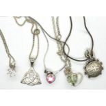 Five silver pendant necklaces including stone set and hallmarked silver pendants, longest chain L: