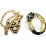 Large gold plated and enamelled stone set tiger bangle and pendant necklace, chain L: 36 cm. P&P