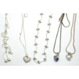 Five 925 silver necklaces including a choker and stone set pendant necklaces, longest chain L: 60