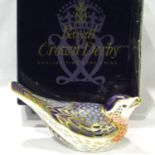 Boxed Royal Crown Derby bluebird paperweight, with gold stopper, L: 12 cm, no cracks or chips. P&P
