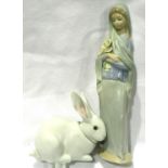 Lladro white rabbit and girl figurine, largest H: 23 cm, no cracks or chips (2). P&P Group 2 (£18+