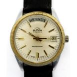 BULER: gents steel cased manual wind wristwatch, with arched day aperture, date aperture, circular
